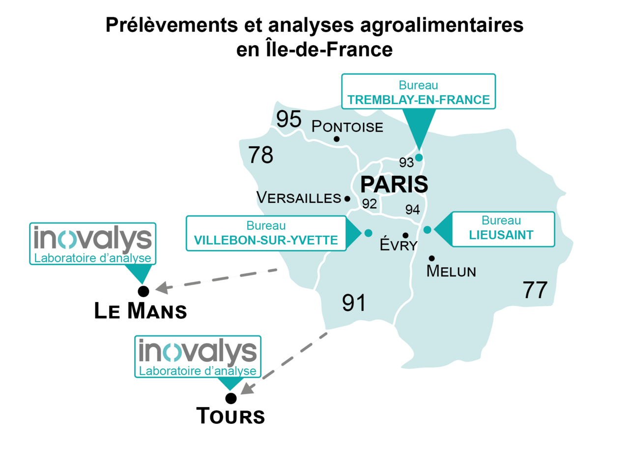 Carte de l’Île-de-France présentant les zones d’intervention d’Inovalys pour les prélèvements et analyses agroalimentaires sur site auprès des professionnels.